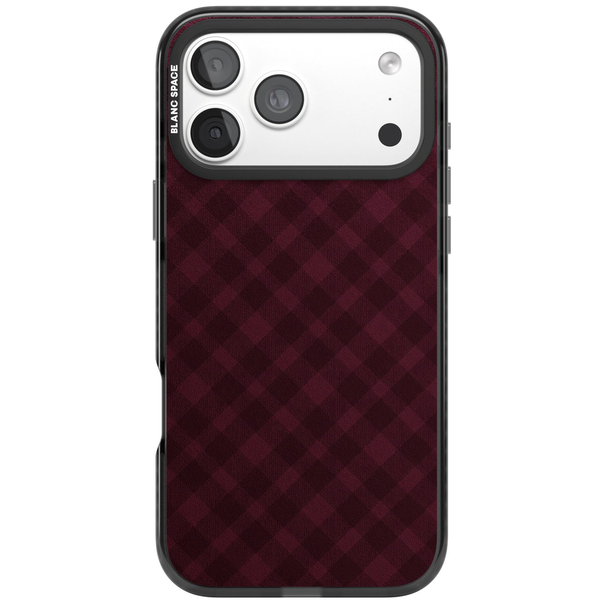 Mulled Wine preppy iPhone case featuring burgundy gingham checks, diagonal plaid lines and a soft woven texture iPhone 18 Pro Max Impact Pro Black Phone Case front