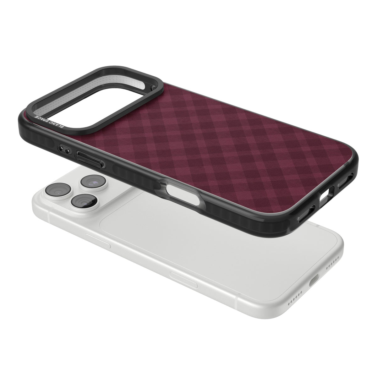 Mulled Wine preppy iPhone case featuring burgundy gingham checks, diagonal plaid lines and a soft woven texture iPhone 18 Pro Max Impact Pro Black Phone Case angled