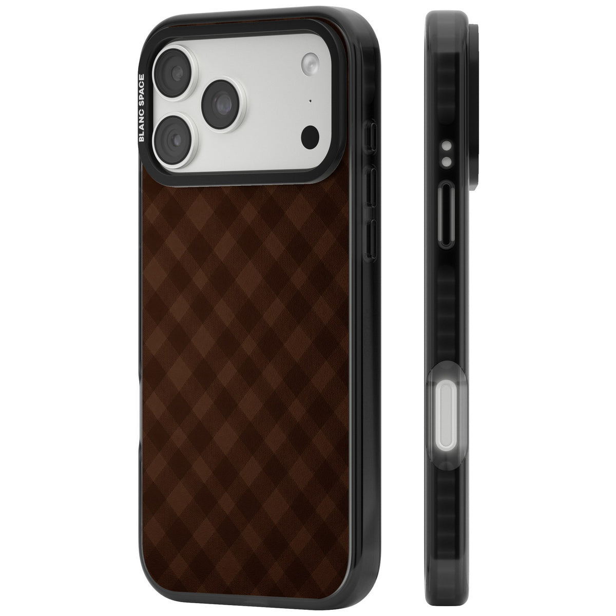 Mocha Gingham preppy iPhone case featuring diagonal brown plaid checks in espresso and cocoa tones iPhone 18 Pro Max Impact Pro Black Phone Case side