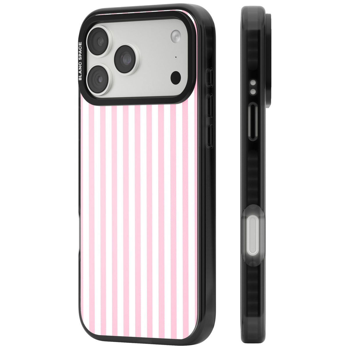 Pink Stripe preppy iPhone case featuring soft pastel pink and white vertical candy stripes iPhone 18 Pro Max Impact Pro Black Phone Case side