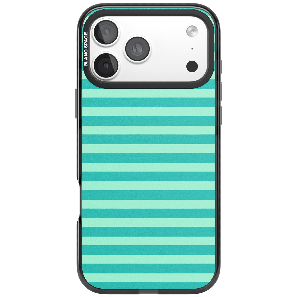 Turquoise Stripe preppy iPhone case featuring horizontal teal and mint green stripes on a black protective frame iPhone 18 Pro Max Impact Pro Black Phone Case front