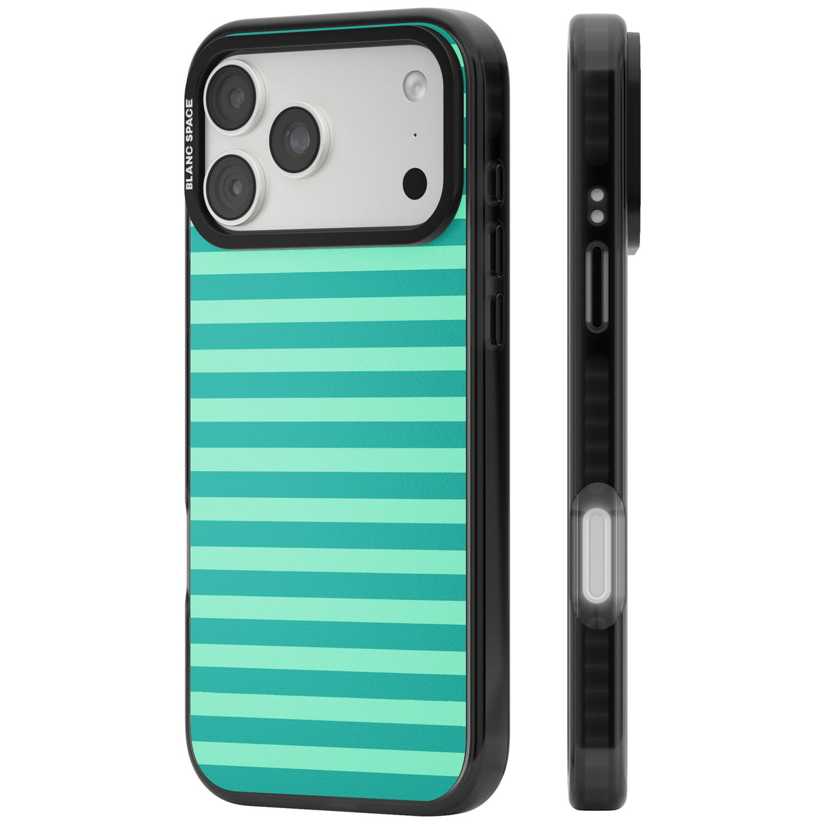 Turquoise Stripe preppy iPhone case featuring horizontal teal and mint green stripes on a black protective frame iPhone 18 Pro Max Impact Pro Black Phone Case side