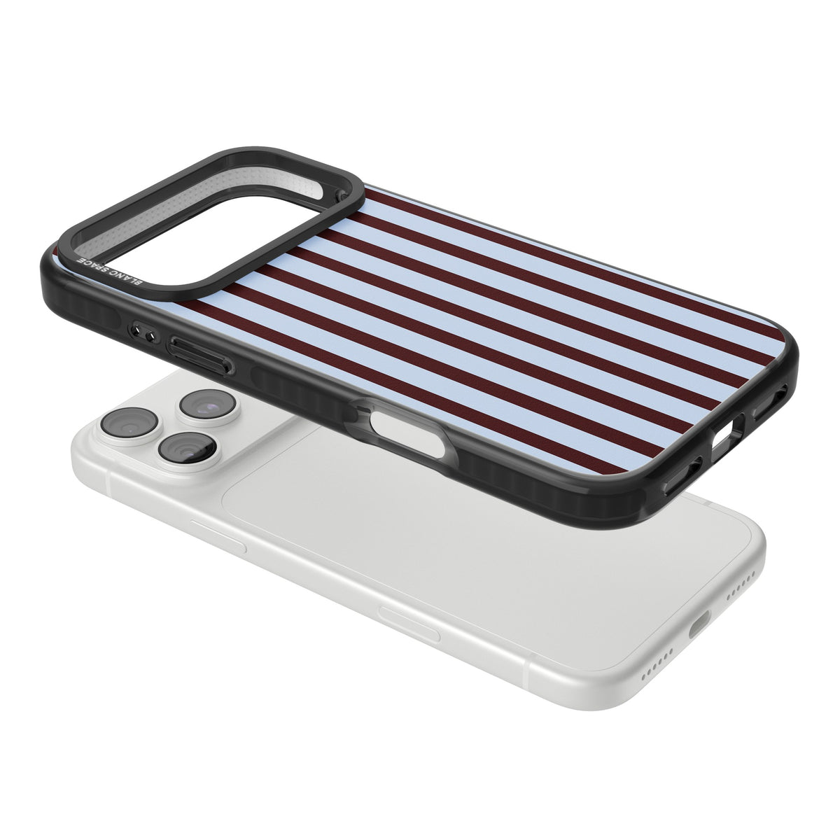 Blackcurrant Stripe preppy iPhone case featuring vertical burgundy and light blue stripes in a classic pinstripe layout iPhone 18 Pro Max Impact Pro Black Phone Case angled