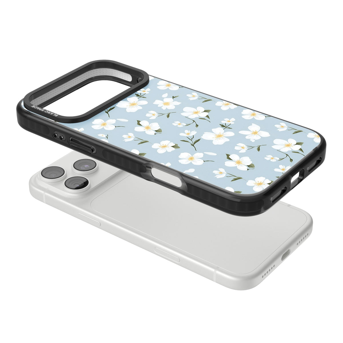 Powder Blue Petals iPhone 18 Pro Max Impact Pro Black Phone Case angled