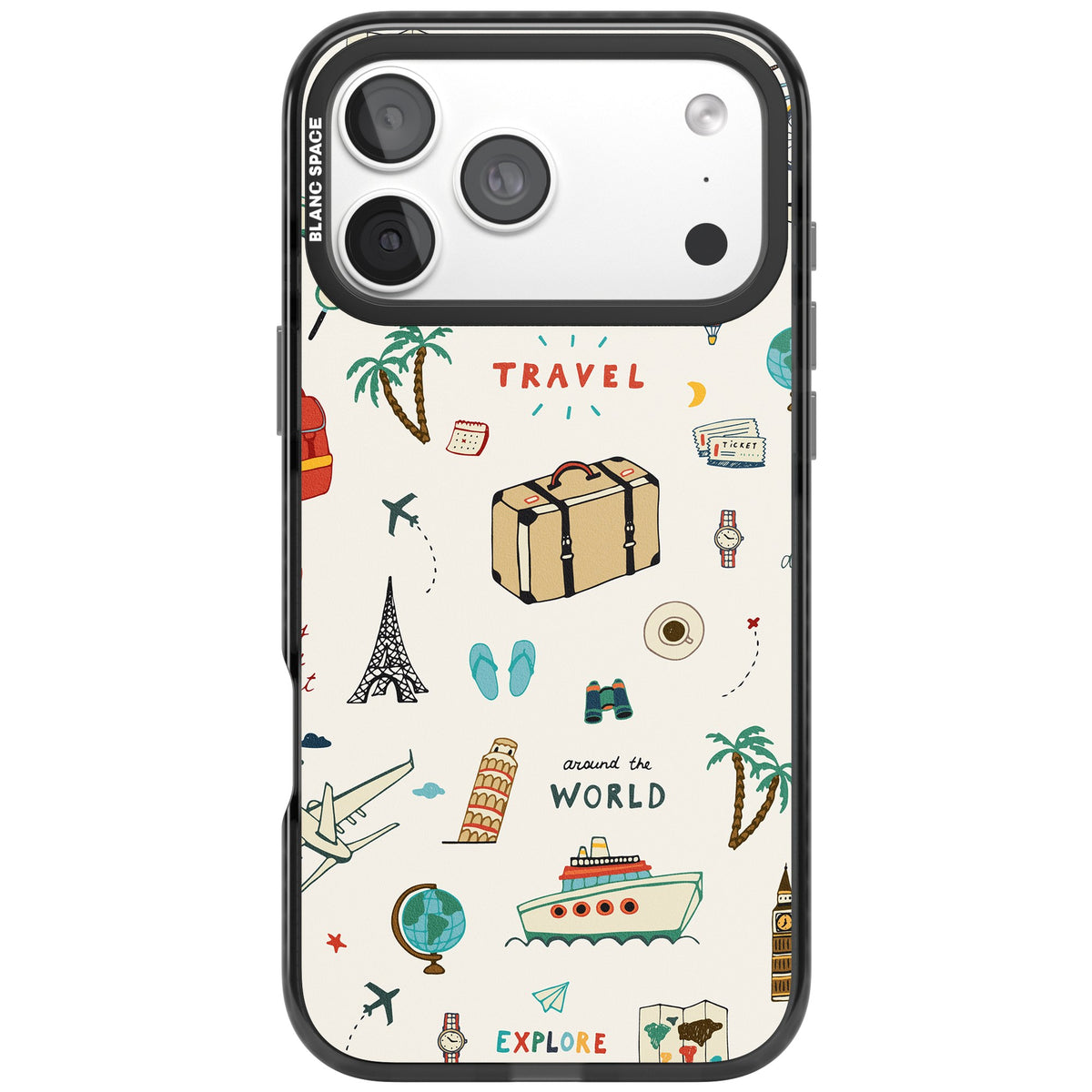 Cute Travel Pattern Cream iPhone 18 Pro Max Impact Pro Black Phone Case front