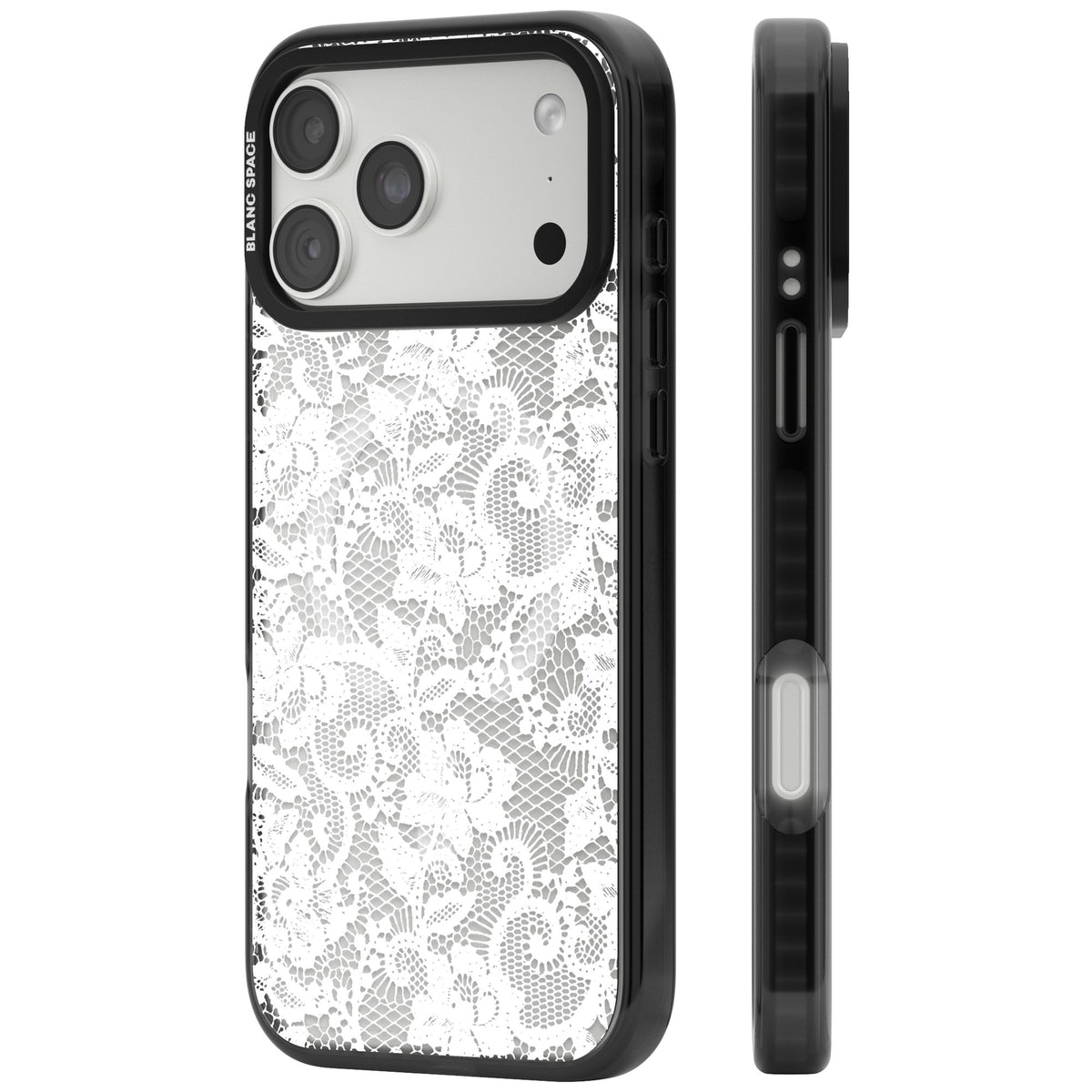 White Lace coquette iPhone case featuring white floral lace, paisley swirls and delicate mesh on clear iPhone 18 Pro Max Impact Pro Black Phone Case side