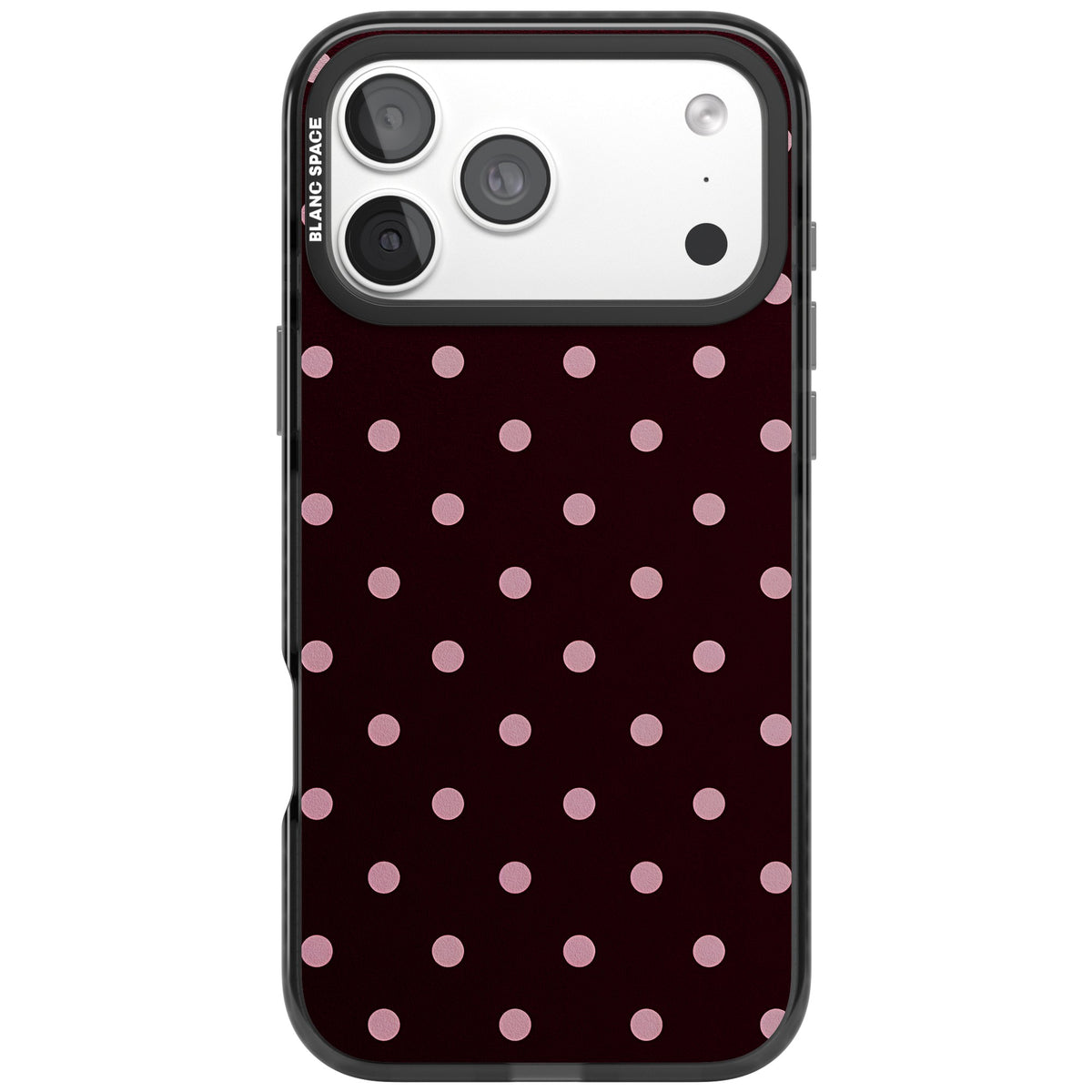 Merlot Dots polka dot iPhone case featuring dusty pink spots on a deep burgundy background in a retro grid iPhone 18 Pro Max Impact Black Phone Case front