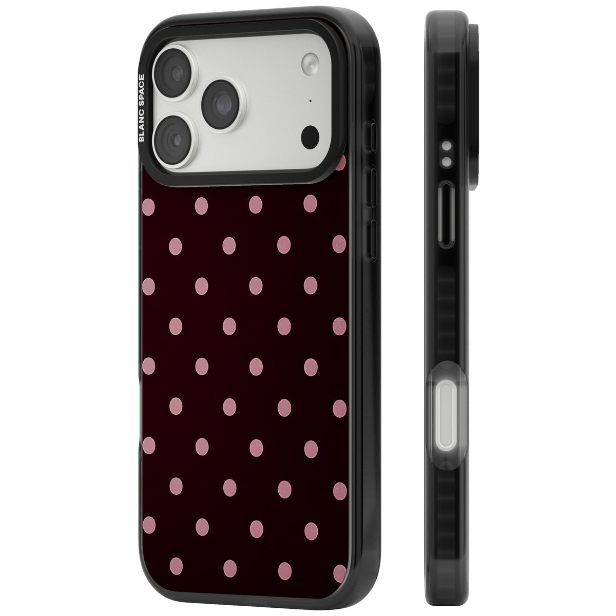 Merlot Dots polka dot iPhone case featuring dusty pink spots on a deep burgundy background in a retro grid iPhone 18 Pro Max Impact Black Phone Case side