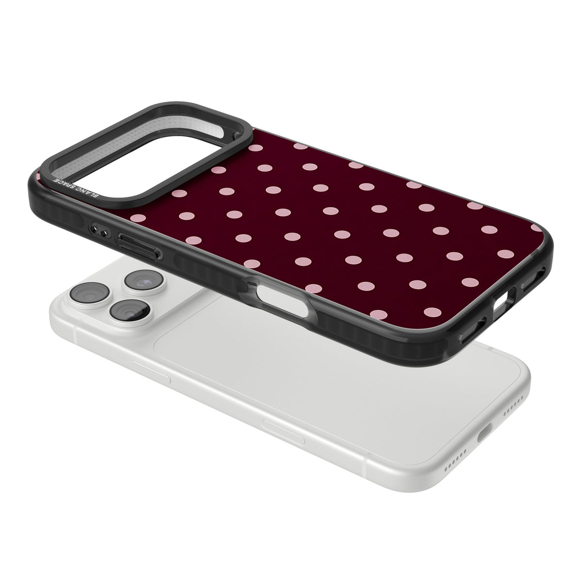 Merlot Dots polka dot iPhone case featuring dusty pink spots on a deep burgundy background in a retro grid iPhone 18 Pro Max Impact Black Phone Case angled