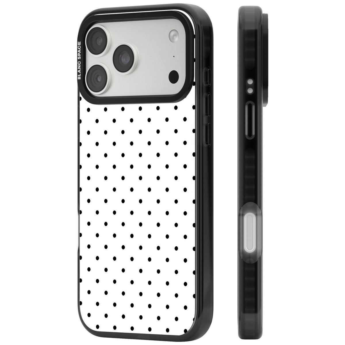 Dalmatian Dots minimal iPhone case featuring small black polka dots on a crisp white background with bold black edges iPhone 18 Pro Max Impact Black Phone Case side