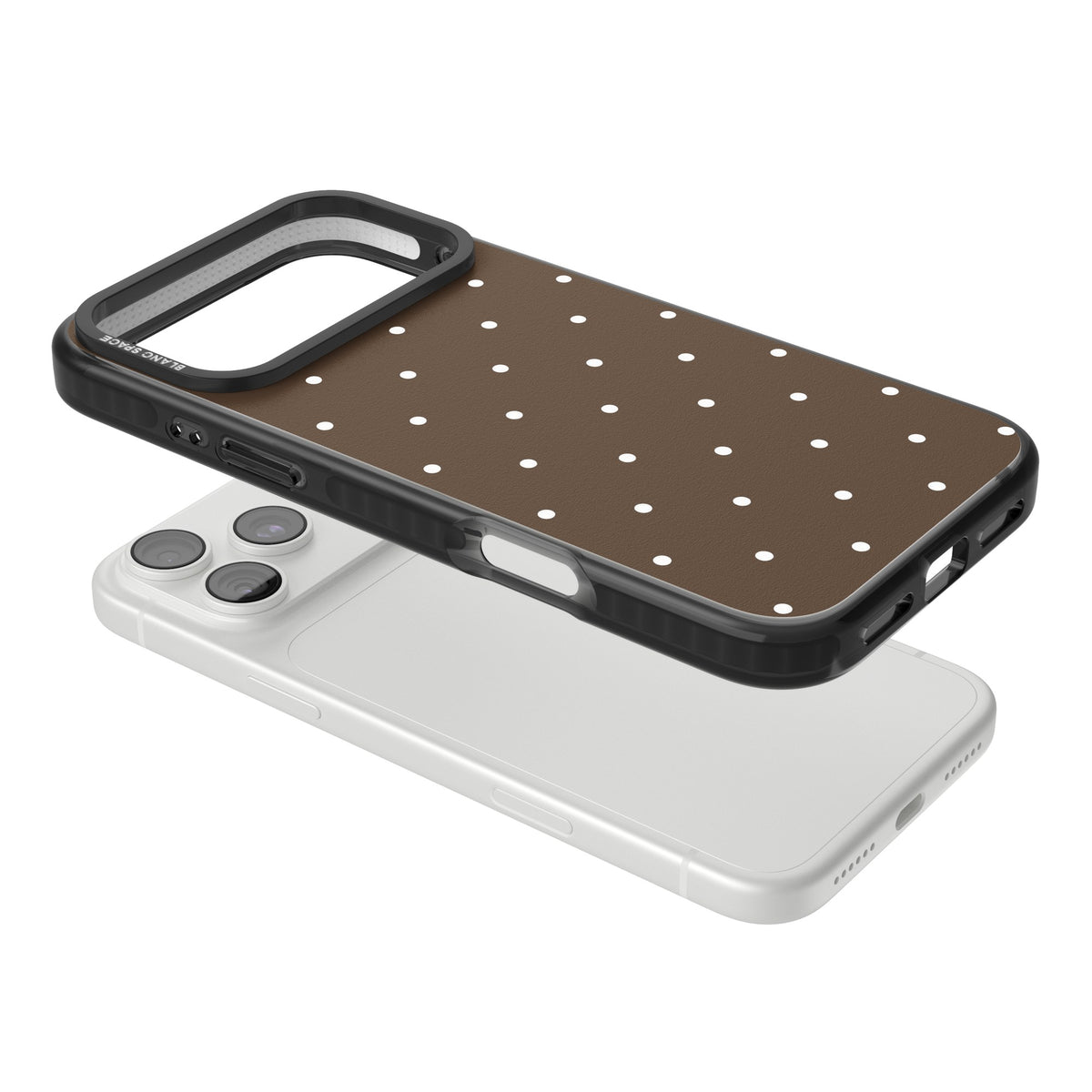 Espresso Dots minimalist iPhone case featuring white polka dots on a rich chocolate brown background iPhone 18 Pro Max Impact Black Phone Case angled