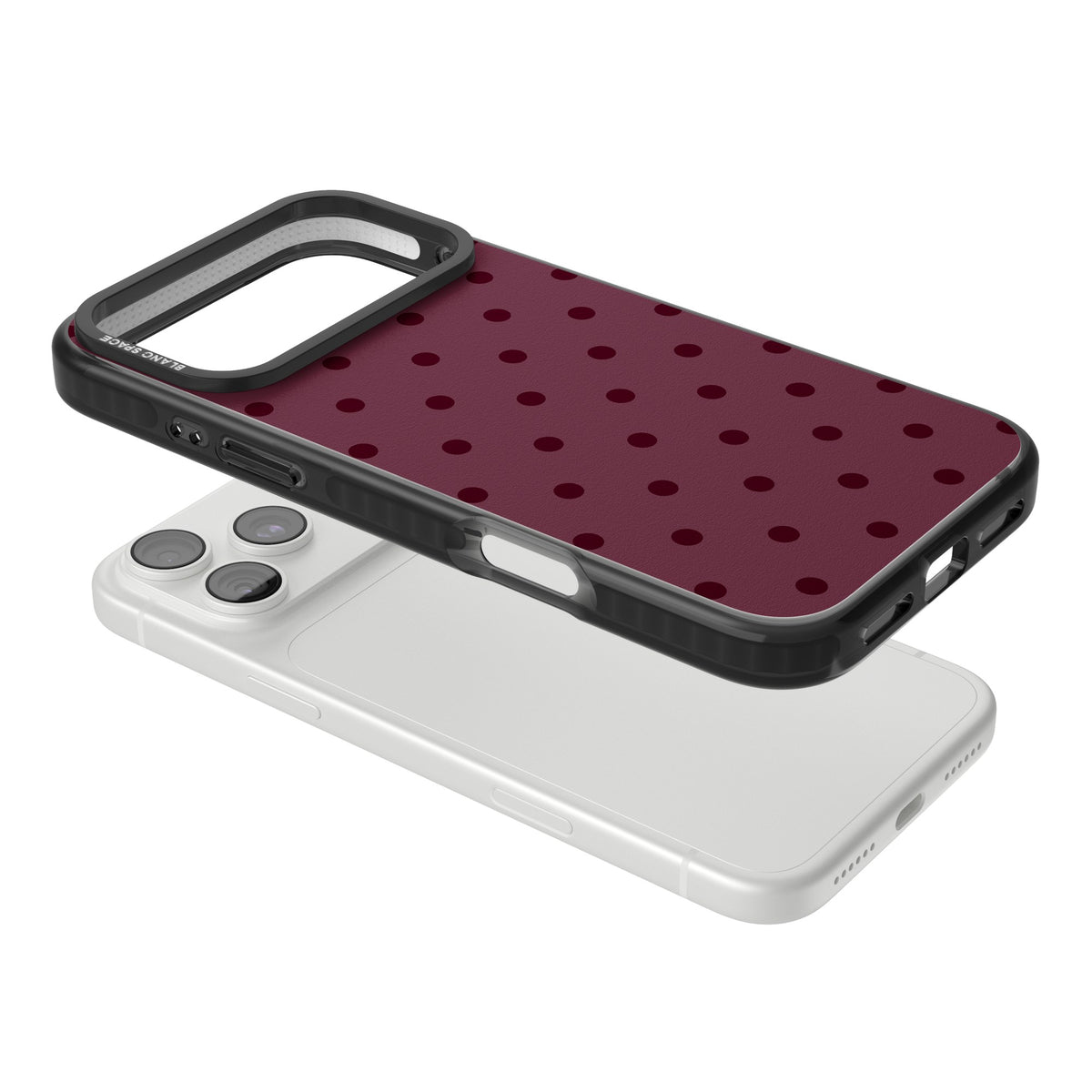 Burgundy Polka Dot minimalist iPhone case featuring black polka dots on a deep burgundy wine red background iPhone 18 Pro Max Impact Black Phone Case angled