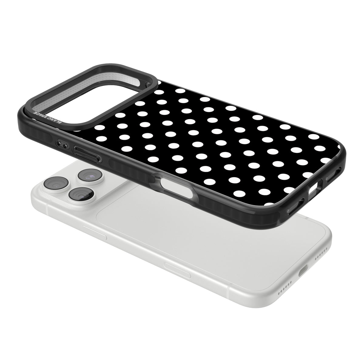 Black & White Polka Dot iPhone 18 Pro Max Impact Black Phone Case angled