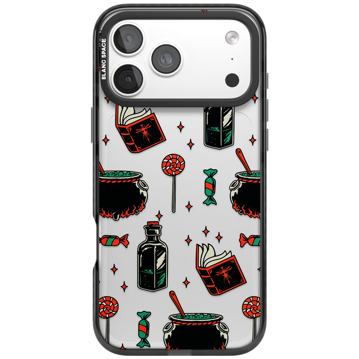 Witch’s Brew & Candy Spell Pattern iPhone 18 Pro Max Impact Black Phone Case front
