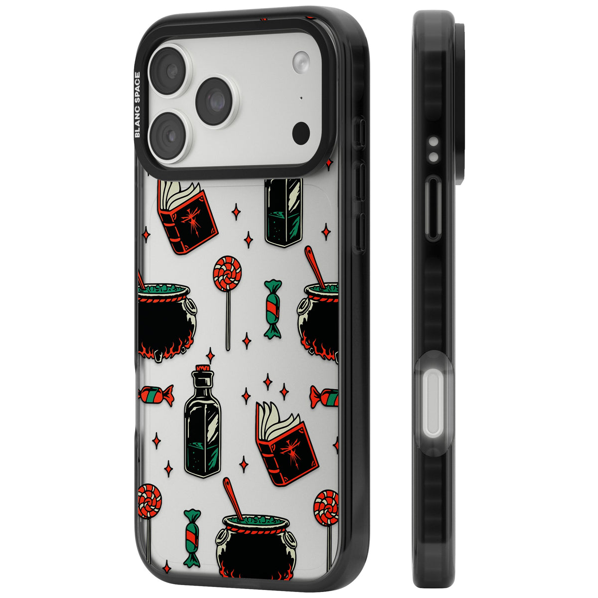 Witch’s Brew & Candy Spell Pattern iPhone 18 Pro Max Impact Black Phone Case side