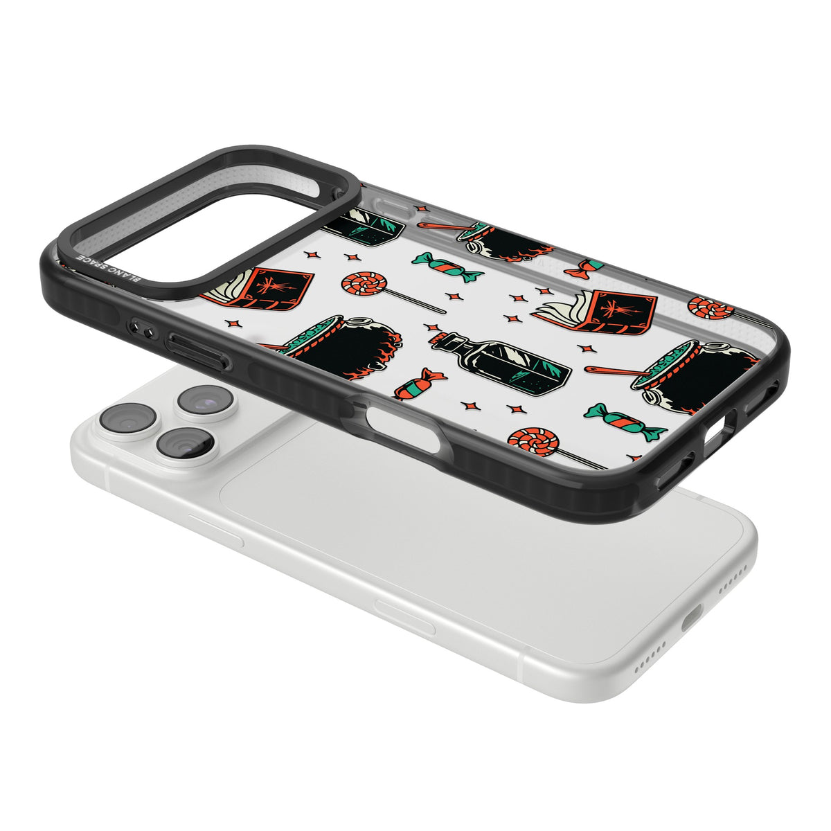 Witch’s Brew & Candy Spell Pattern iPhone 18 Pro Max Impact Black Phone Case angled
