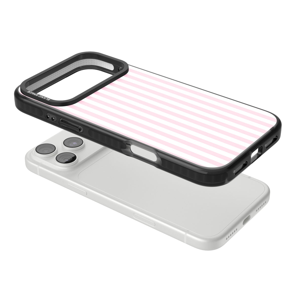 Pink Stripe preppy iPhone case featuring soft pastel pink and white vertical candy stripes iPhone 18 Pro Max Impact Black Phone Case angled