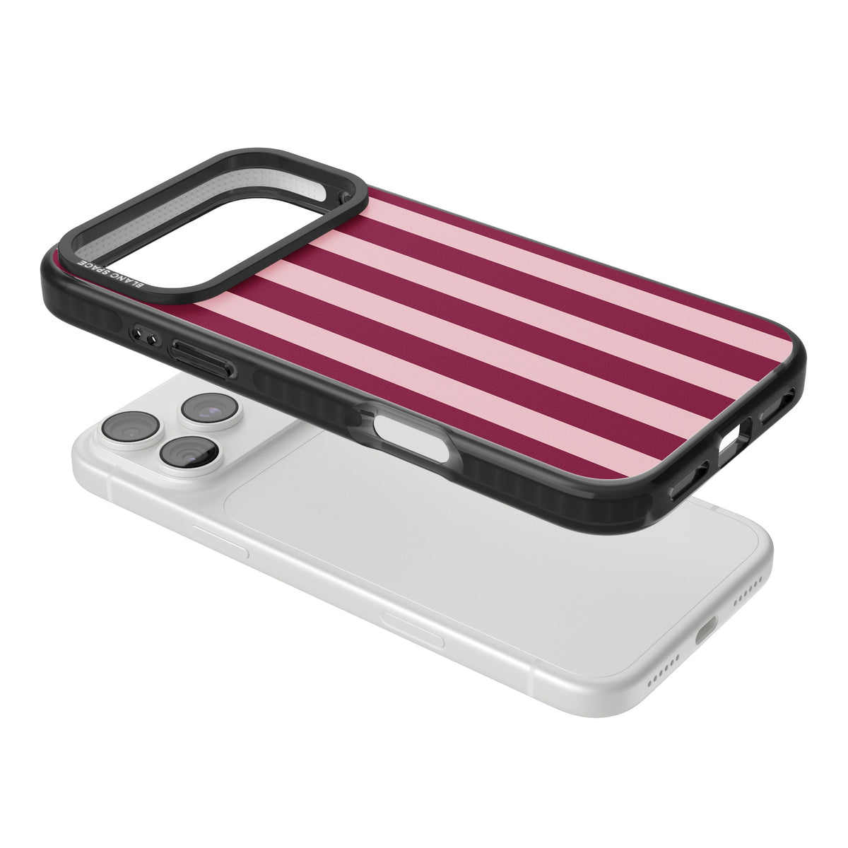 Bordeaux Belle preppy iPhone case featuring bold vertical stripes in burgundy and soft blush pink iPhone 18 Pro Max Impact Black Phone Case angled