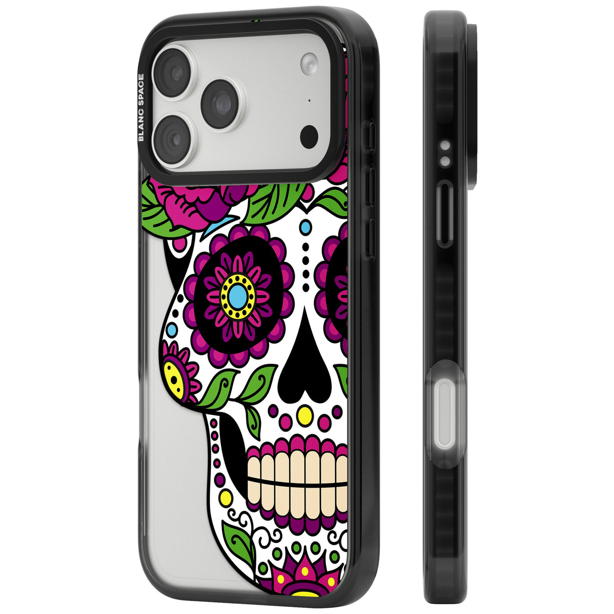Purple Floral Sugar Skull iPhone 18 Pro Max Impact Black Phone Case side