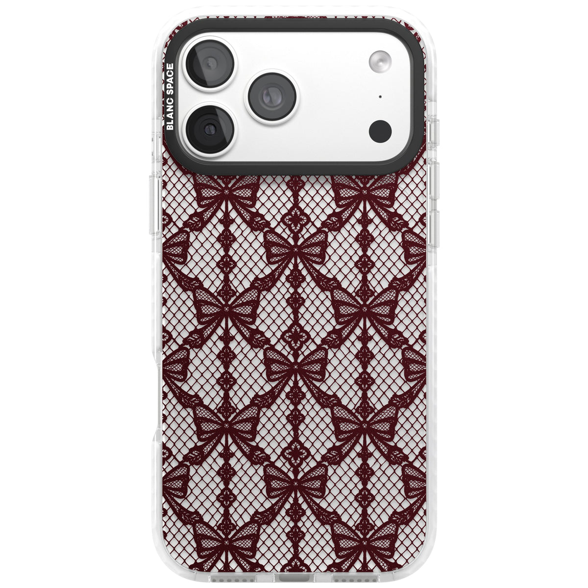 Burgundy Bow Lace coquette iPhone case featuring burgundy ribbon bows, fishnet mesh and vintage lace lattice iPhone 18 Pro Max Impact Clear Phone Case front