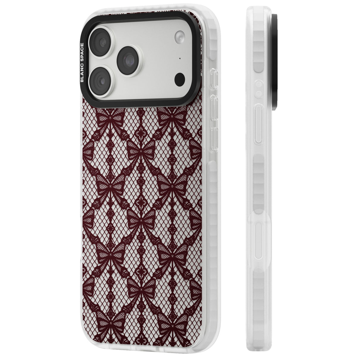 Burgundy Bow Lace coquette iPhone case featuring burgundy ribbon bows, fishnet mesh and vintage lace lattice iPhone 18 Pro Max Impact Clear Phone Case side