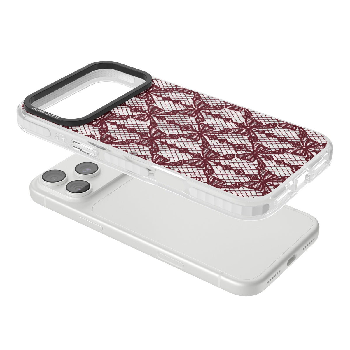 Burgundy Bow Lace coquette iPhone case featuring burgundy ribbon bows, fishnet mesh and vintage lace lattice iPhone 18 Pro Max Impact Clear Phone Case angled