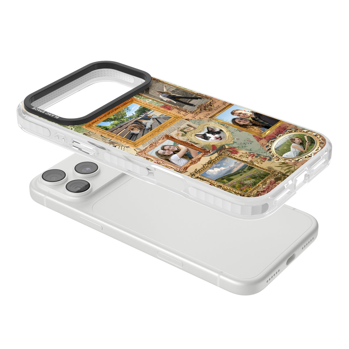 Personalised Vintage Frame Collage iPhone 18 Pro Max Impact Clear Phone Case angled