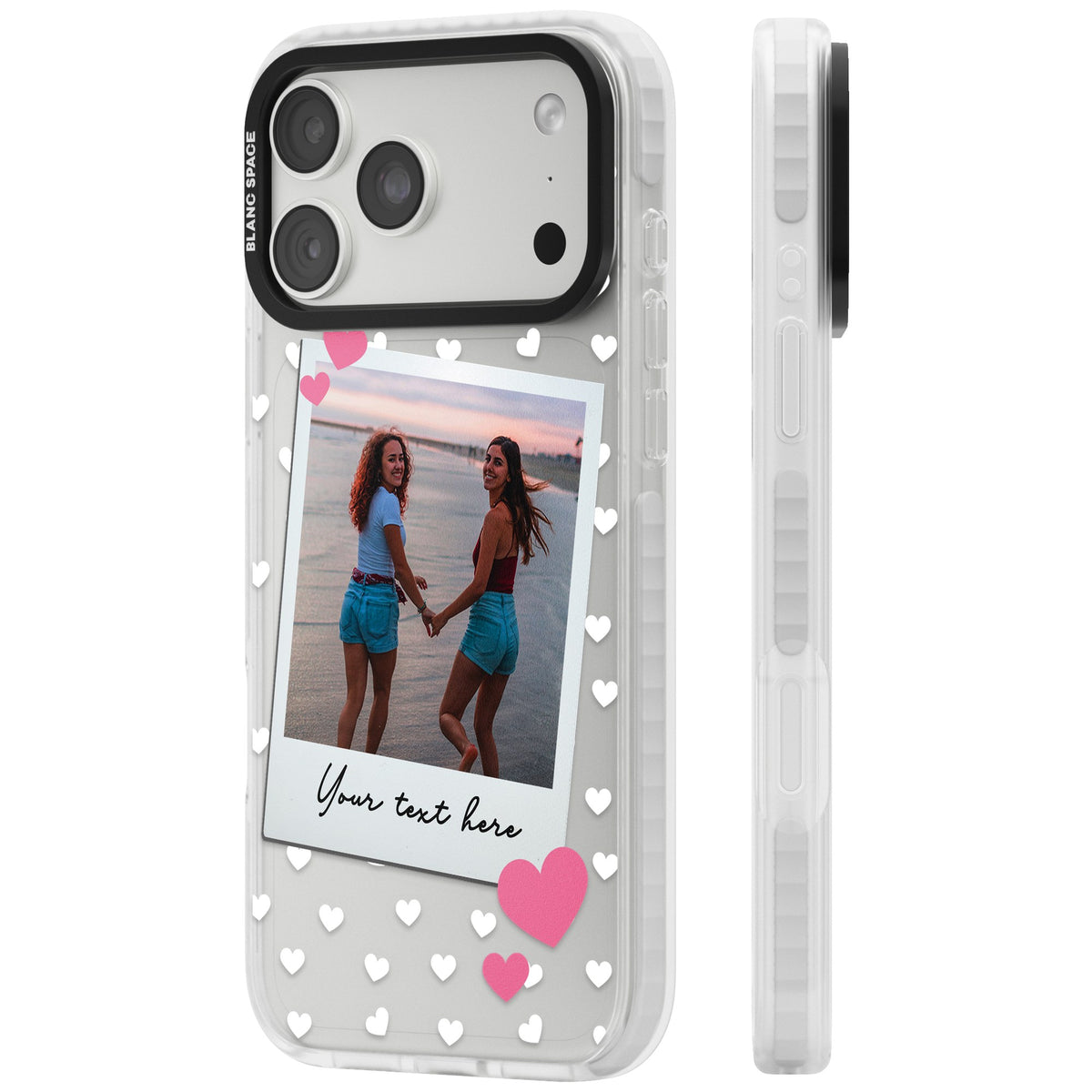 Personalised Hearts Instant Camera Photo iPhone 18 Pro Max Impact Clear Phone Case side
