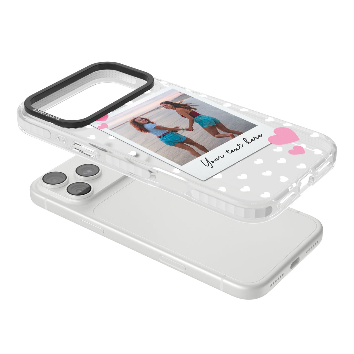 Personalised Hearts Instant Camera Photo iPhone 18 Pro Max Impact Clear Phone Case angled