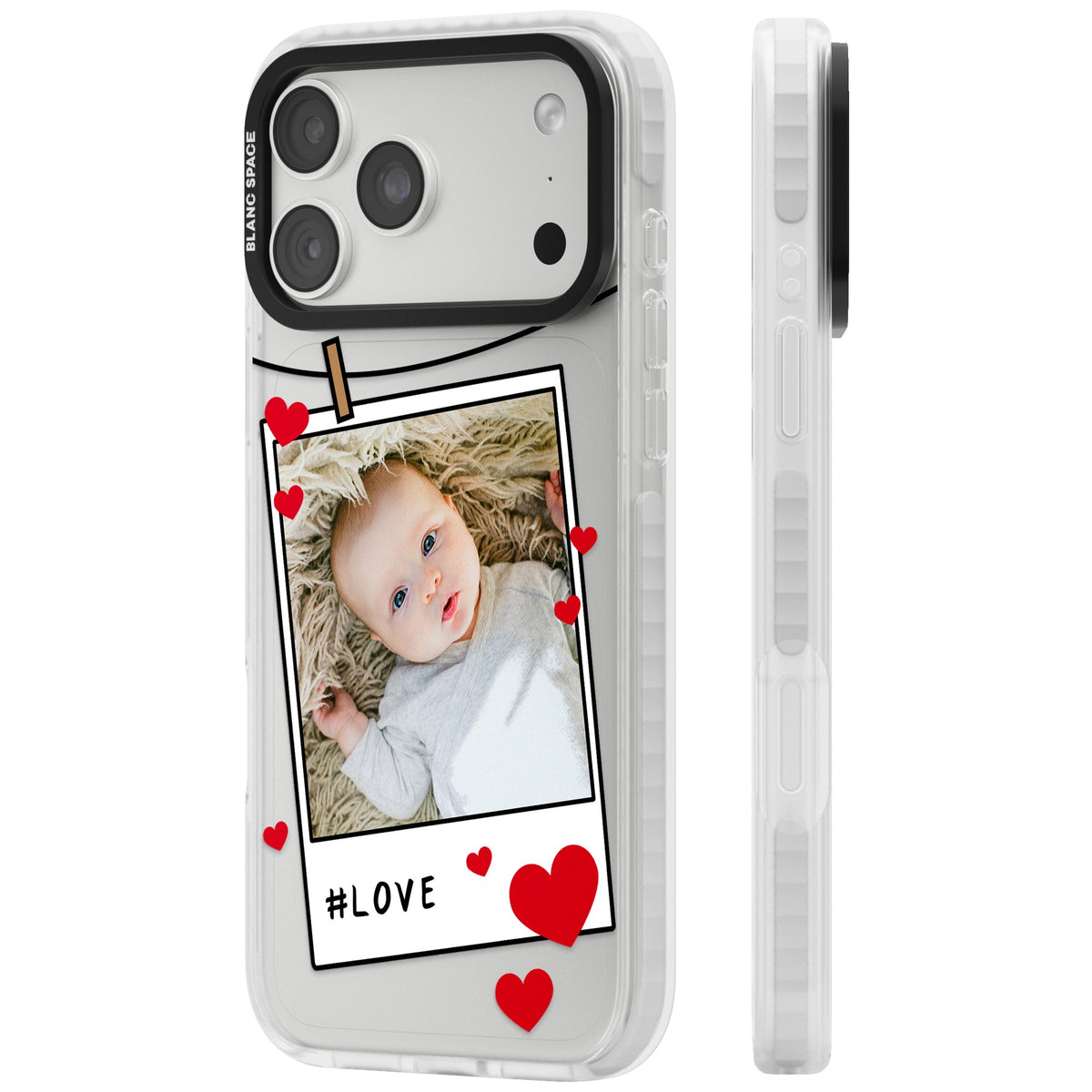 Personalised Paperclip & Hearts Polaroid iPhone 18 Pro Max Impact Clear Phone Case side