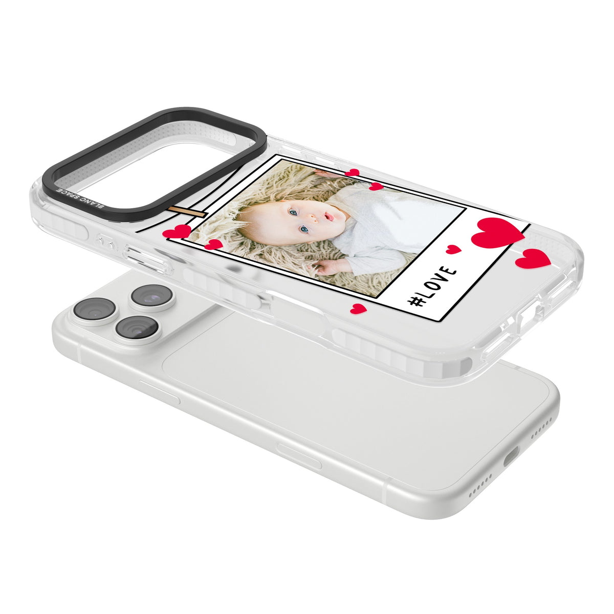 Personalised Paperclip & Hearts Polaroid iPhone 18 Pro Max Impact Clear Phone Case angled