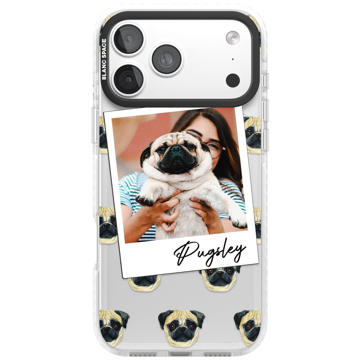 Personalised Pug Instant Camera Photo iPhone 18 Pro Max Impact Clear Phone Case front