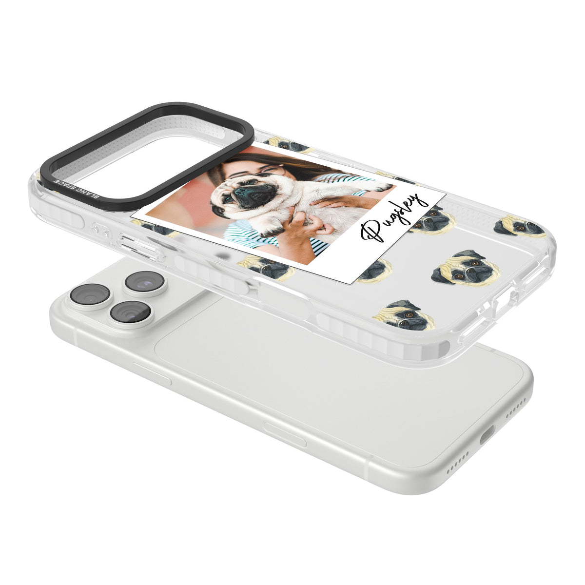 Personalised Pug Instant Camera Photo iPhone 18 Pro Max Impact Clear Phone Case angled