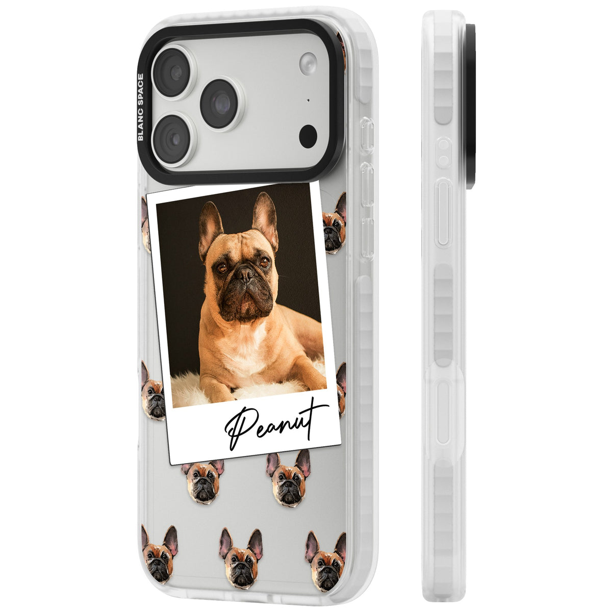 Personalised Tan French Bulldog Instant Camera Photo iPhone 18 Pro Max Impact Clear Phone Case side