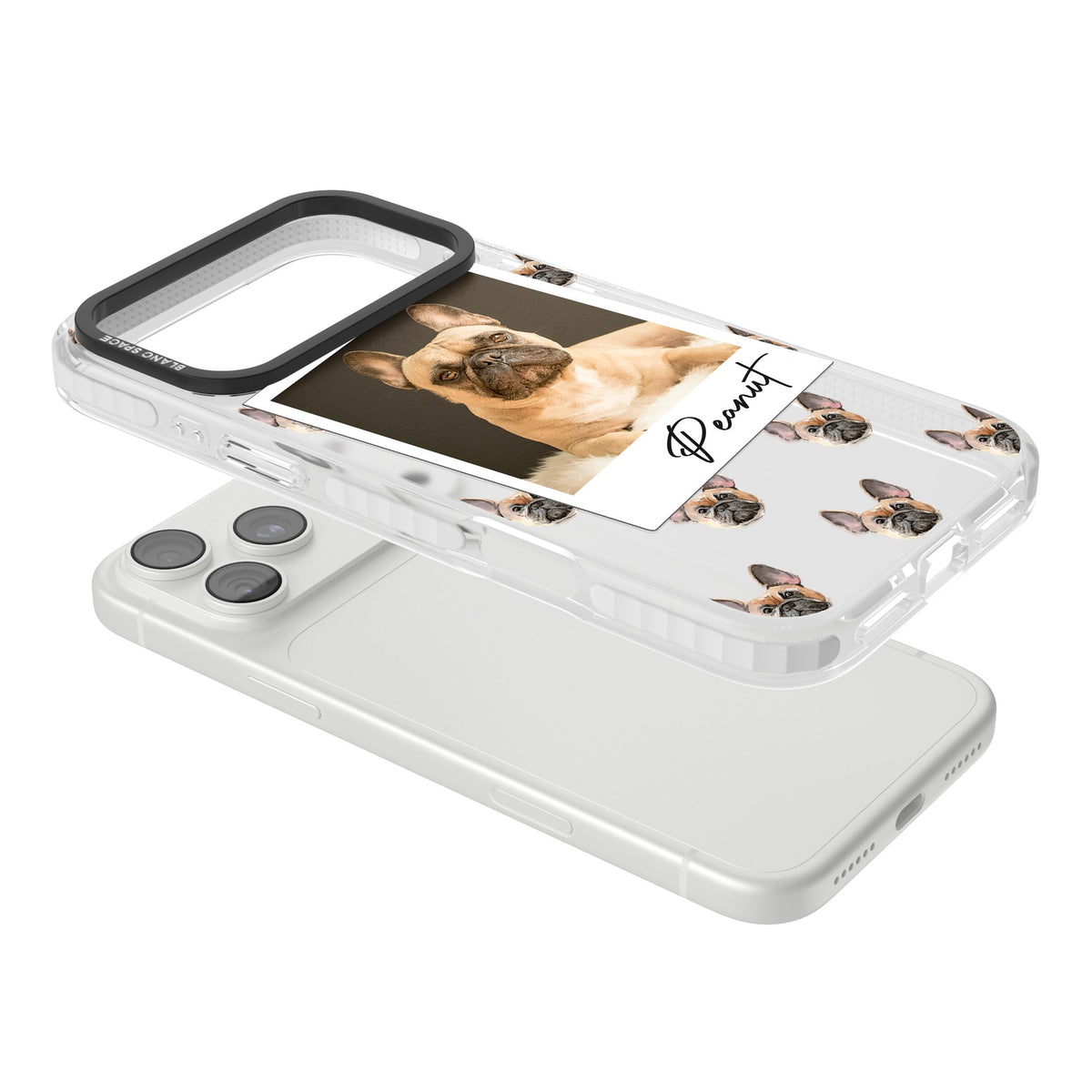 Personalised Tan French Bulldog Instant Camera Photo iPhone 18 Pro Max Impact Clear Phone Case angled