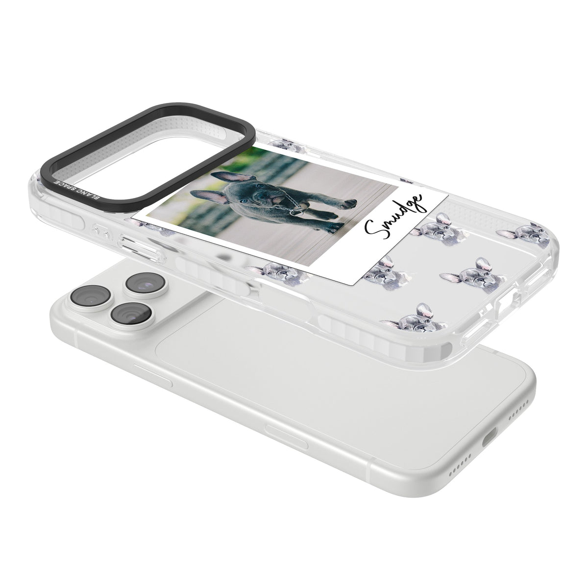 Personalised Grey French Bulldog Instant Camera Photo iPhone 18 Pro Max Impact Clear Phone Case angled