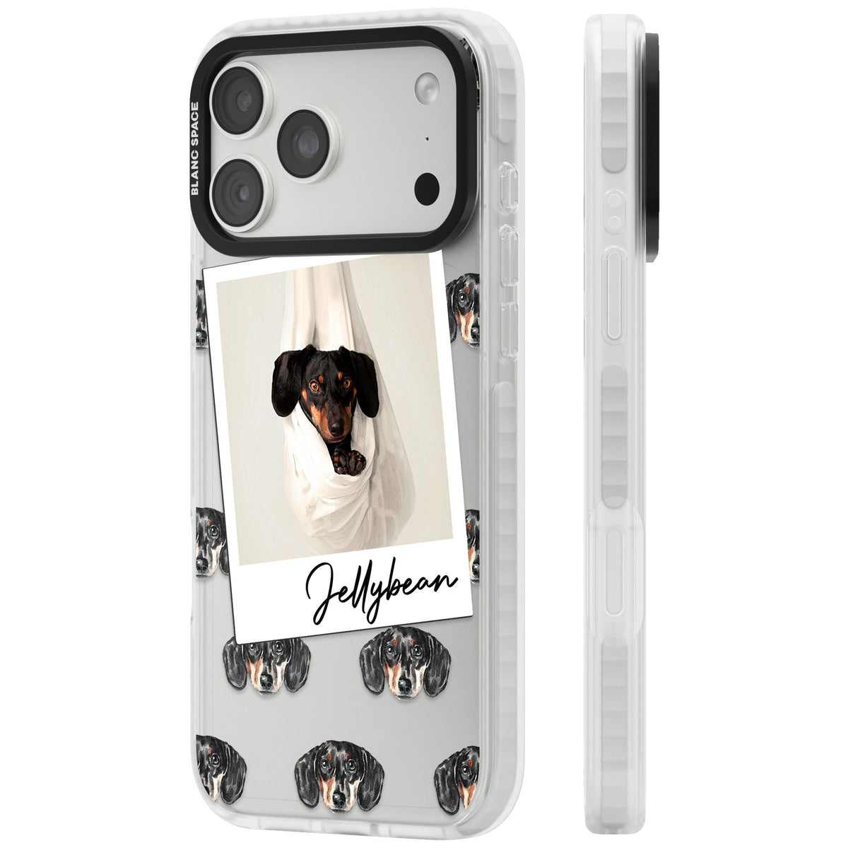 Personalised Black Dachshund Instant Camera Photo iPhone 18 Pro Max Impact Clear Phone Case side