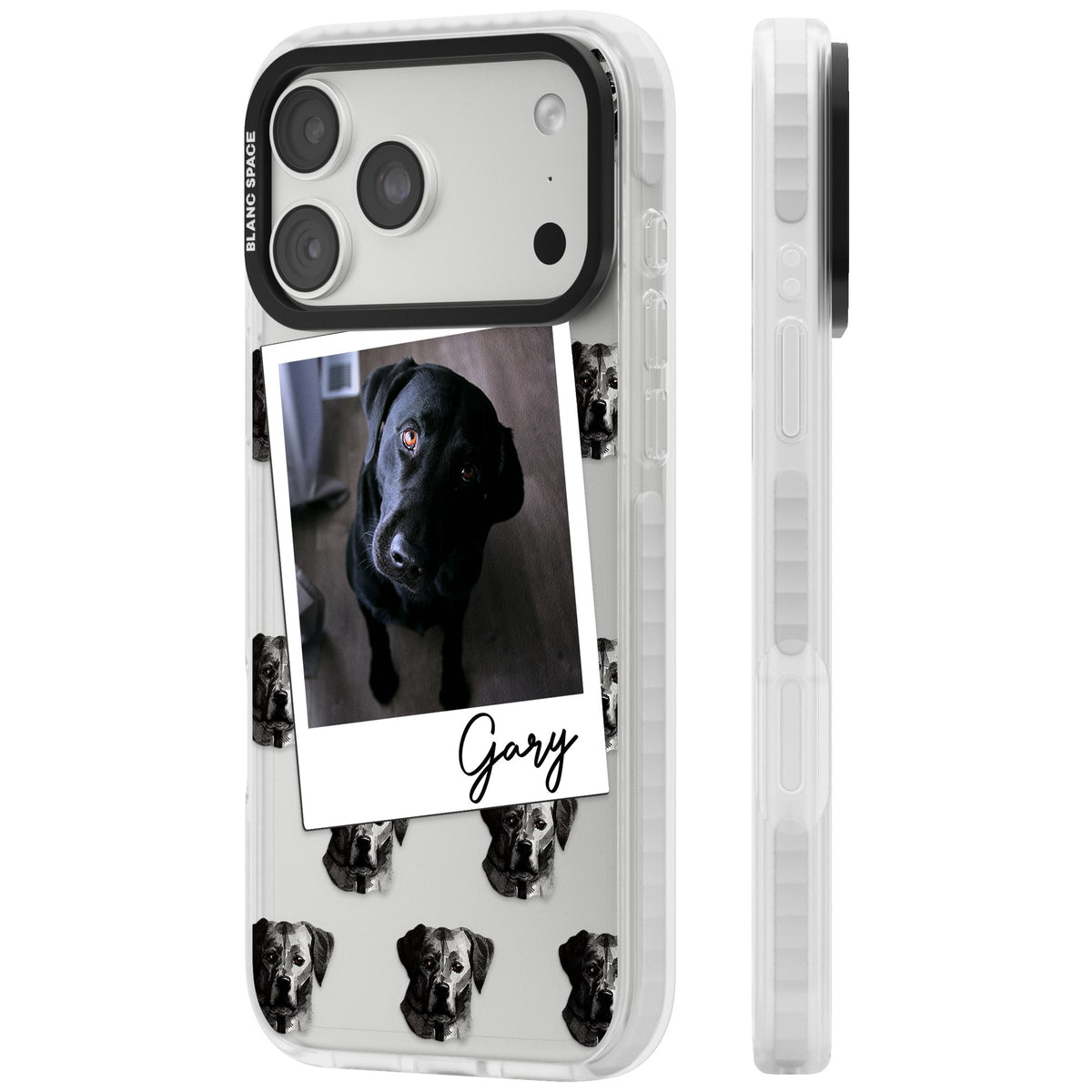Personalised Black Labrador Instant Camera Photo iPhone 18 Pro Max Impact Clear Phone Case side