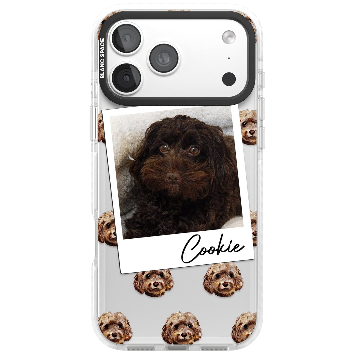 Personalised Brown Cockapoo Instant Camera Photo iPhone 18 Pro Max Impact Clear Phone Case front