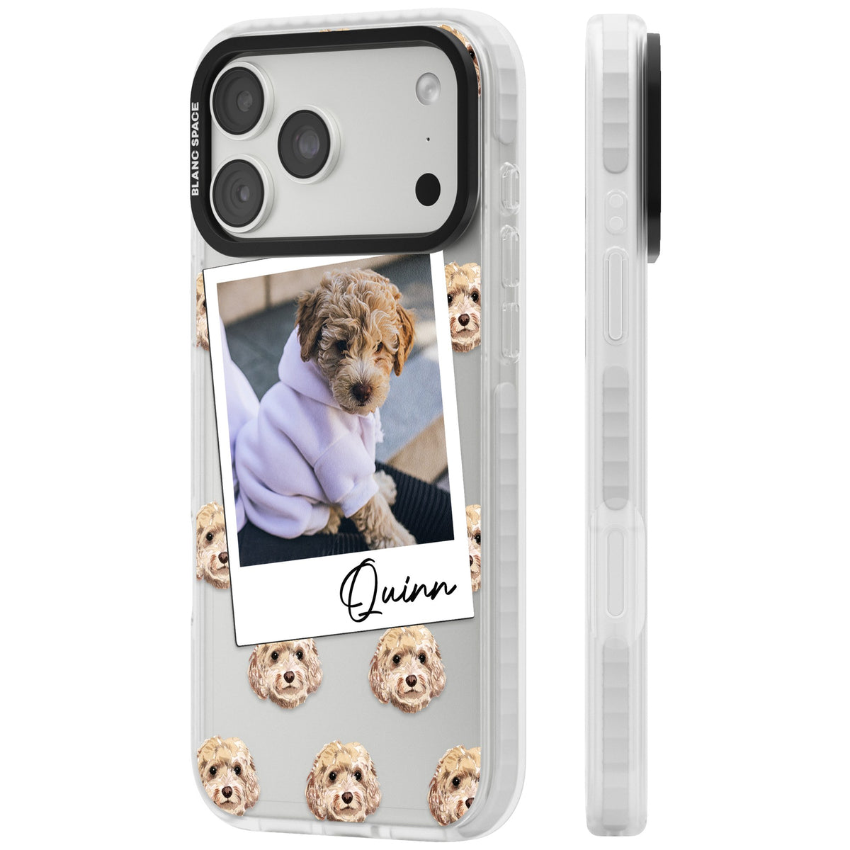 Personalised Cream Cockapoo Instant Camera Photo iPhone 18 Pro Max Impact Clear Phone Case side