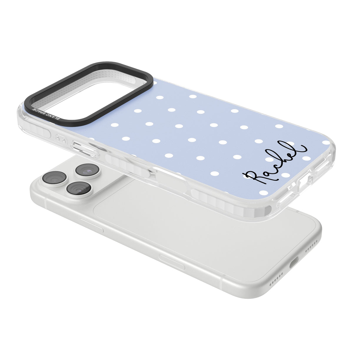 Personalised Powder Blue Dots iPhone 18 Pro Max Impact Clear Phone Case angled