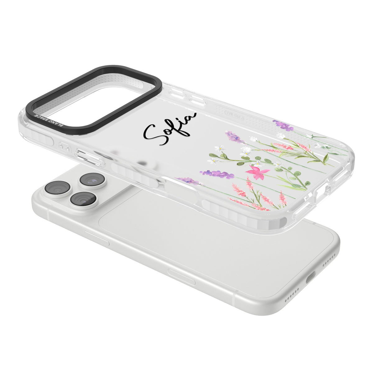 Personalised Lavender Wildflowers iPhone 18 Pro Max Impact Clear Phone Case angled
