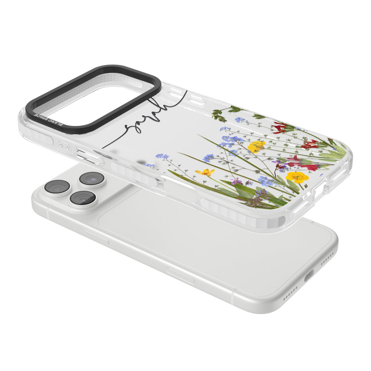 Personalised Wildflower Script iPhone 18 Pro Max Impact Clear Phone Case angled
