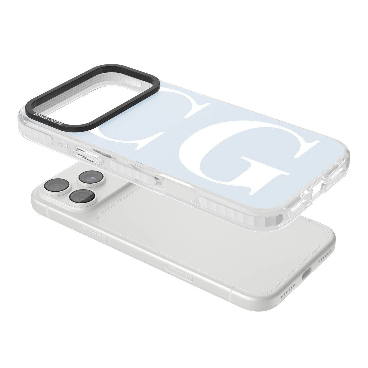 Personalised White & Blue Letters iPhone 18 Pro Max Impact Clear Phone Case angled