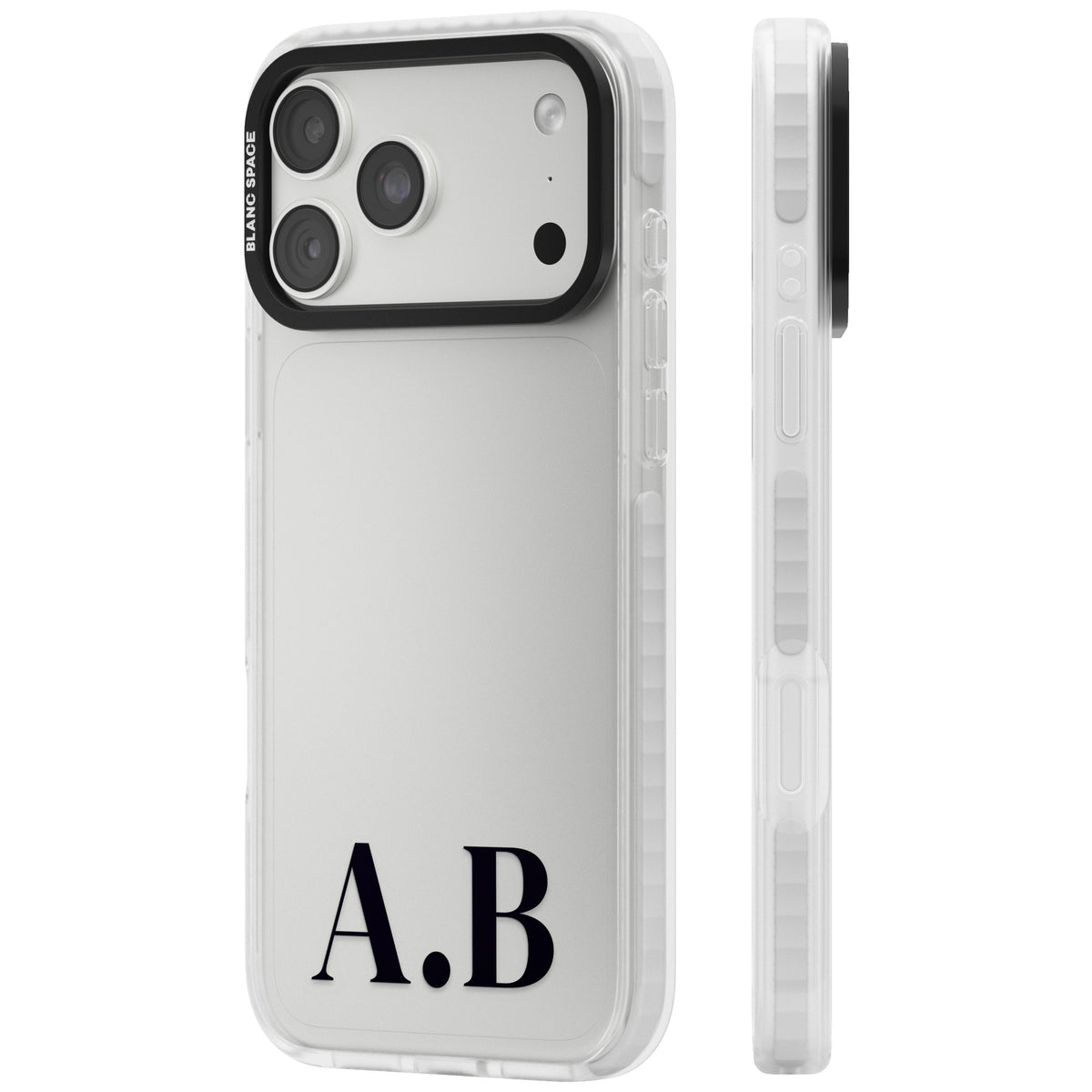 Personalised Serif Initials minimal iPhone case featuring custom monogram lettering in classic serif type on a clear case iPhone 18 Pro Max Impact Clear Phone Case side