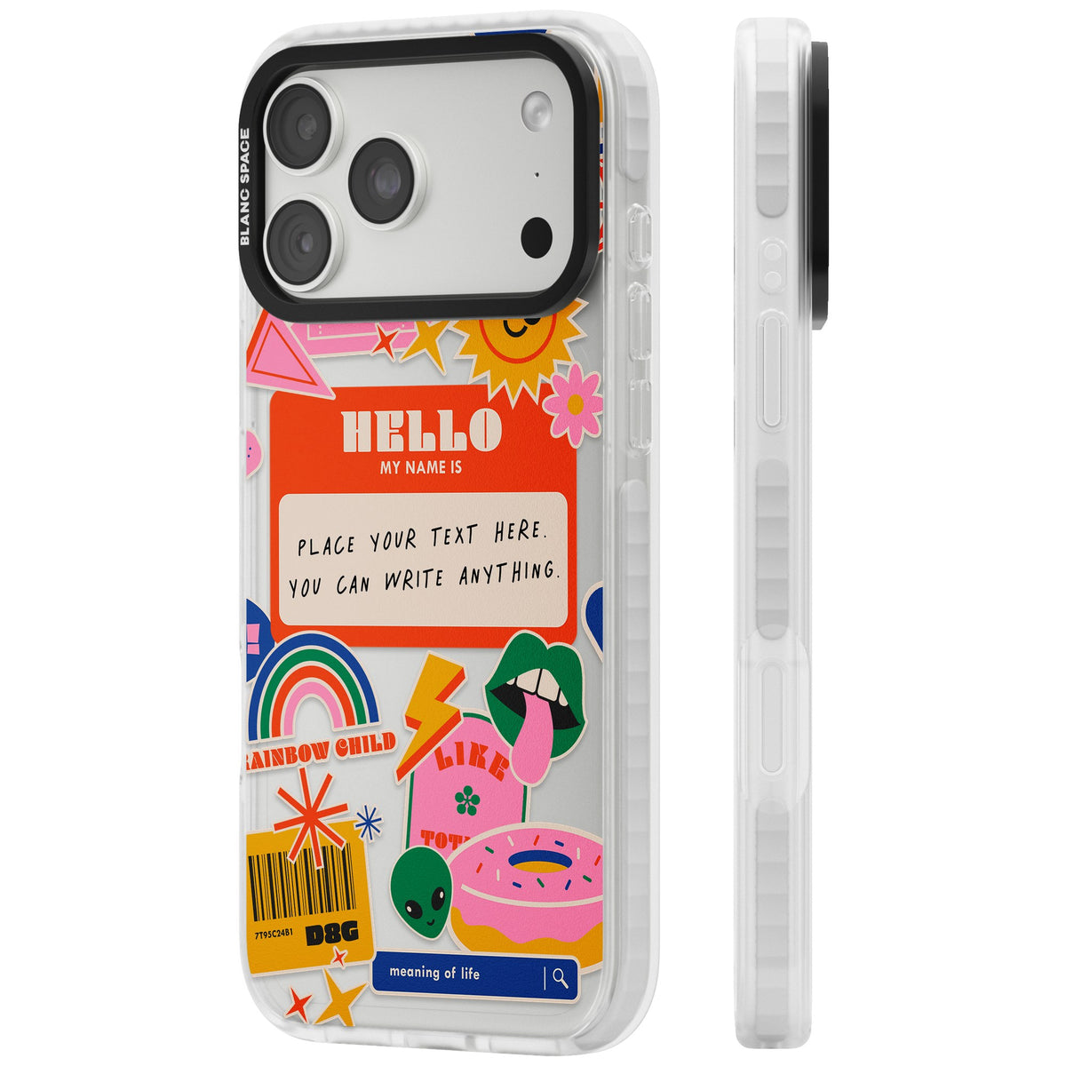 Personalised Retro Nametag Sticker iPhone 18 Pro Max Impact Clear Phone Case side