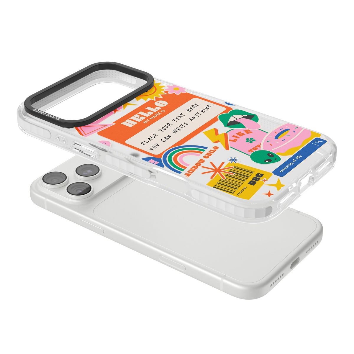 Personalised Retro Nametag Sticker iPhone 18 Pro Max Impact Clear Phone Case angled