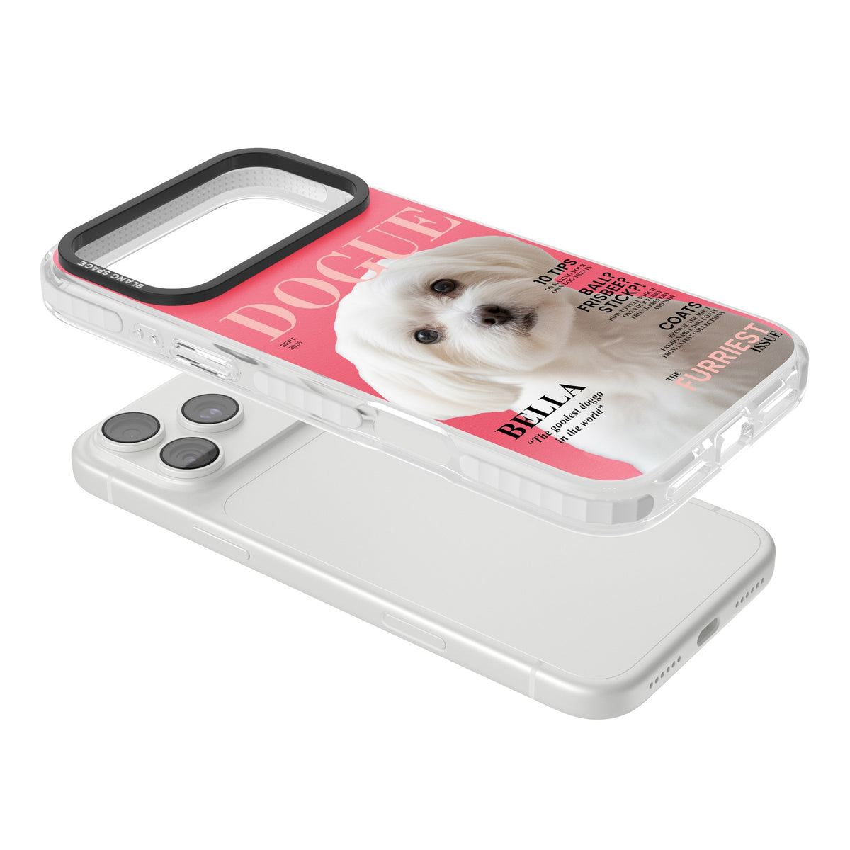 Personalised Dogue Magazine iPhone 18 Pro Max Impact Clear Phone Case angled
