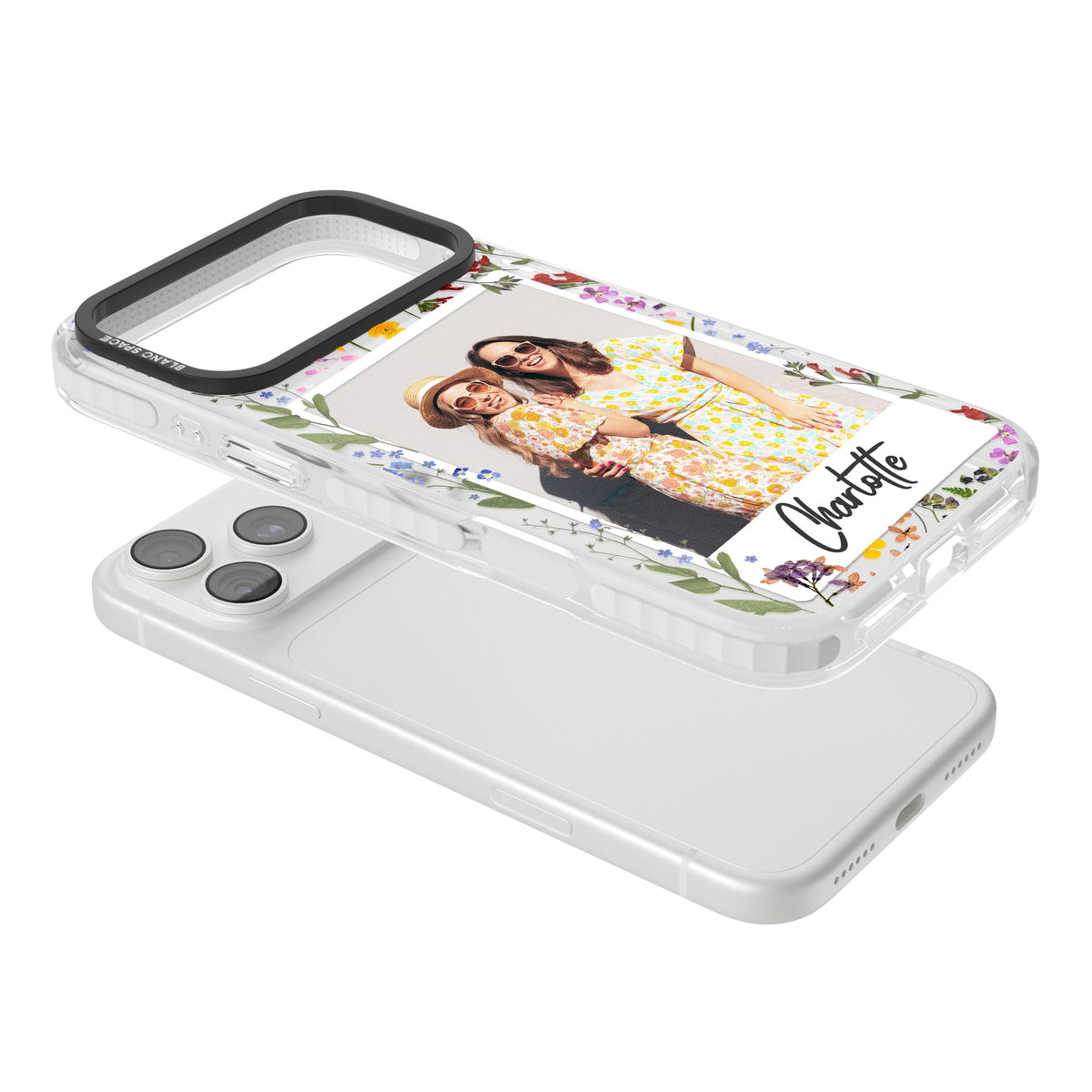 Personalised Wildflower Polaroid iPhone 18 Pro Max Impact Clear Phone Case angled