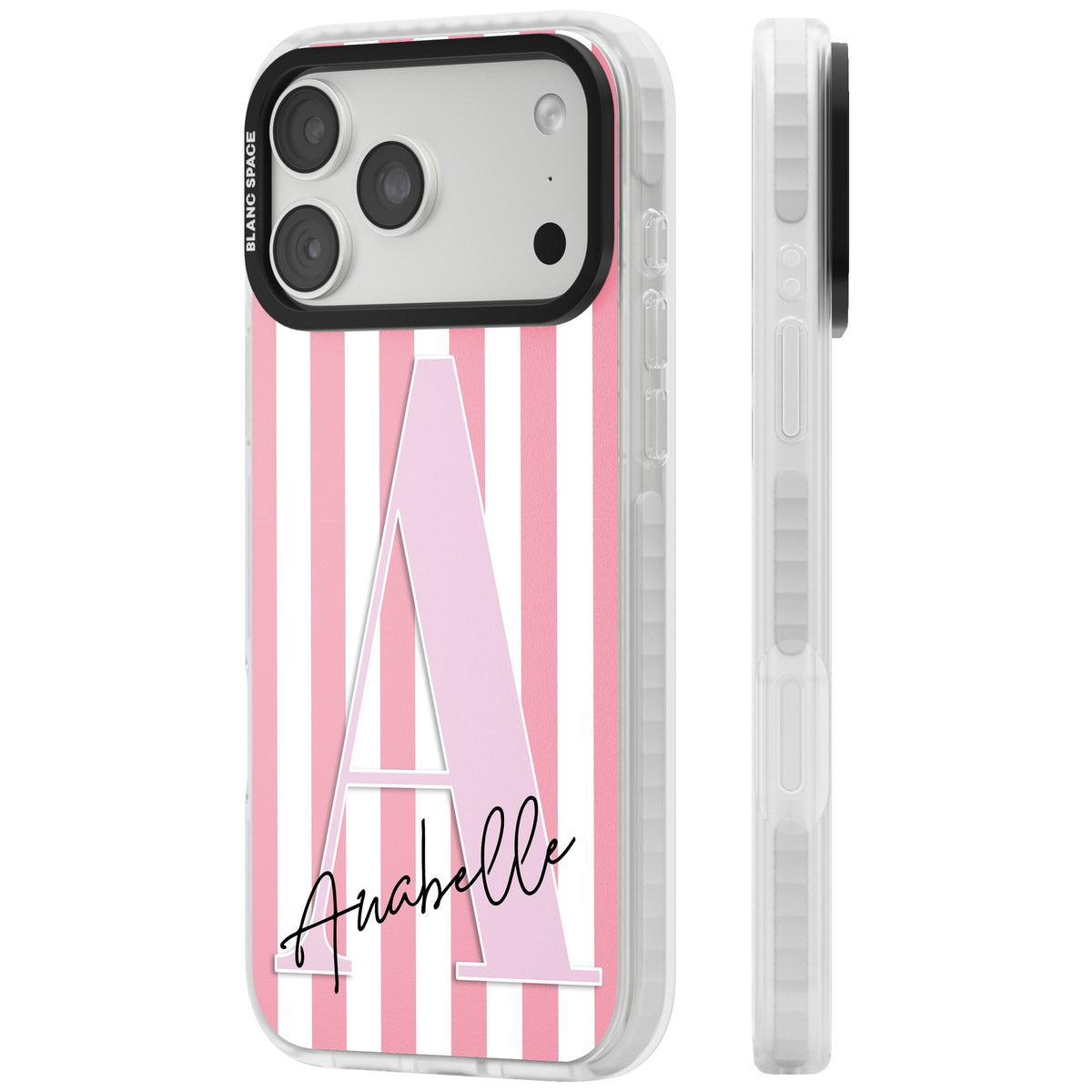 Personalised Soft Pink Stripes iPhone 18 Pro Max Impact Clear Phone Case side